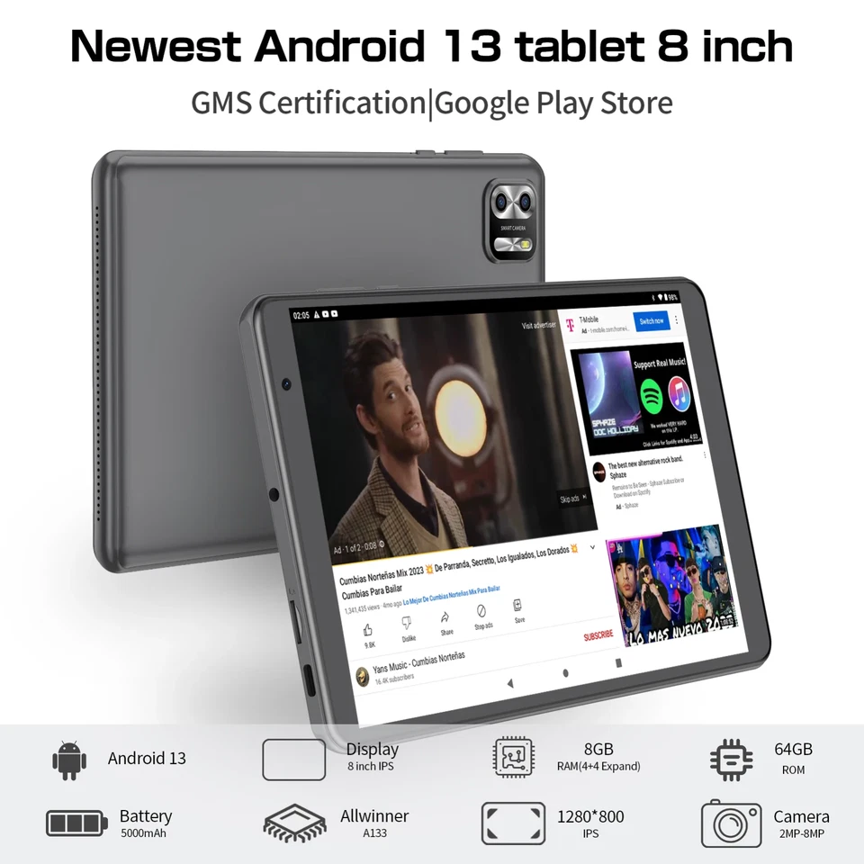 NEW 8-inch Android Tablets 8GB+64GB Dual Camera Bluetooth WIFI-Grey - Image 2 of 4