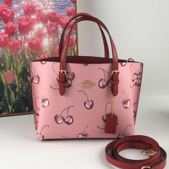 COACH CR293 Mollie Tote 25 2 Way Shoulder Bag Canvas Leather Cherry Pink Outlet