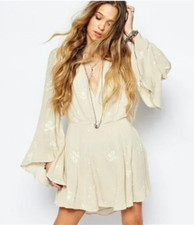 Free People Jasmine Bohemian Light Yellow Embroidered Mini Dress Sz  0  XS