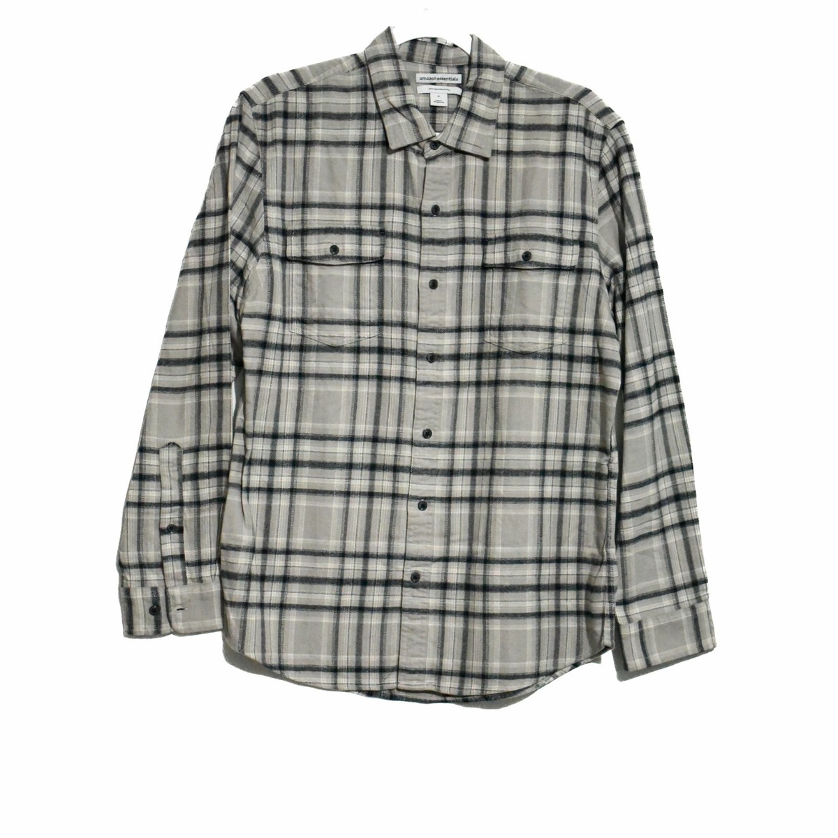 Amazon Essentials Mens Gray Black Plaid Button Up Shirt Long