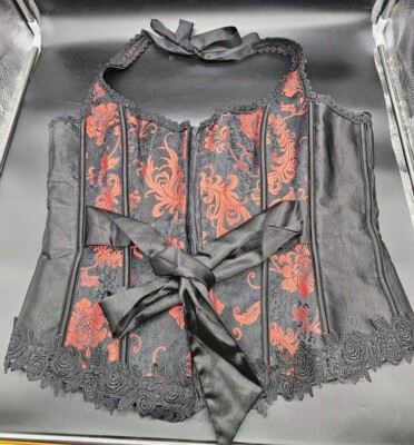 Goth Halter Brocade Satin Corset i Collection SZ 42 Black & Red Hook/Eye Lace