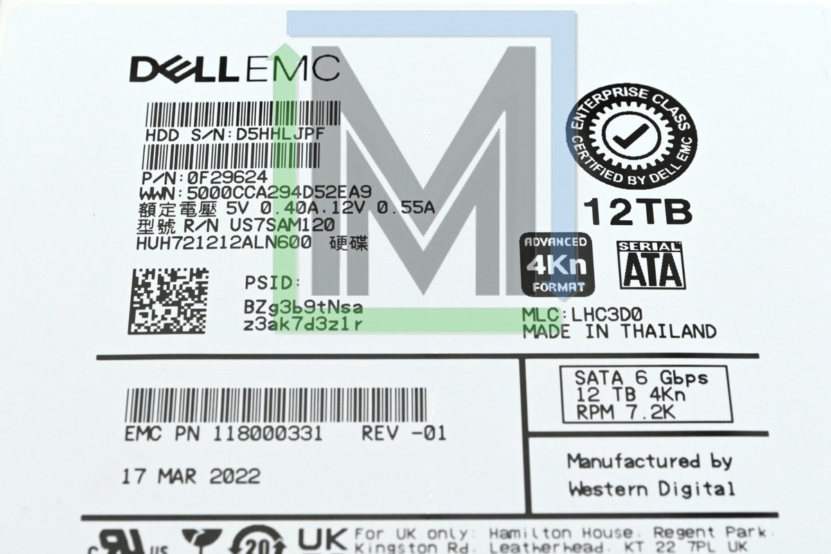 005053382 5053382 118000331 HUH721212ALN600 EMC A200 ISILON 12TB 