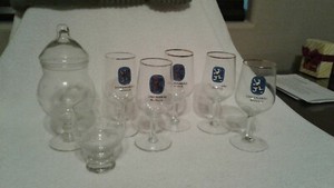 Lowenbrau glasses 5 count and drinking glass + candy jar no logo