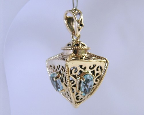 P019 Genuine 9ct Yellow Gold Natural AQUAMARINE FOB Pendant Filigree Lantern - Picture 2 of 2