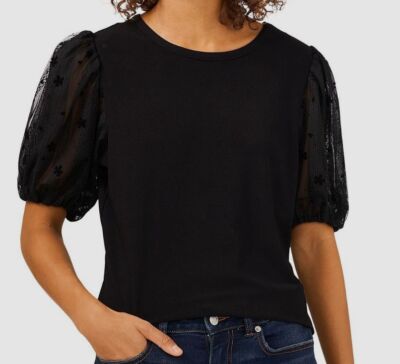$69 Cece Women's Black Lace Puff Short-Sleeve Puff Blouse Top Size XS