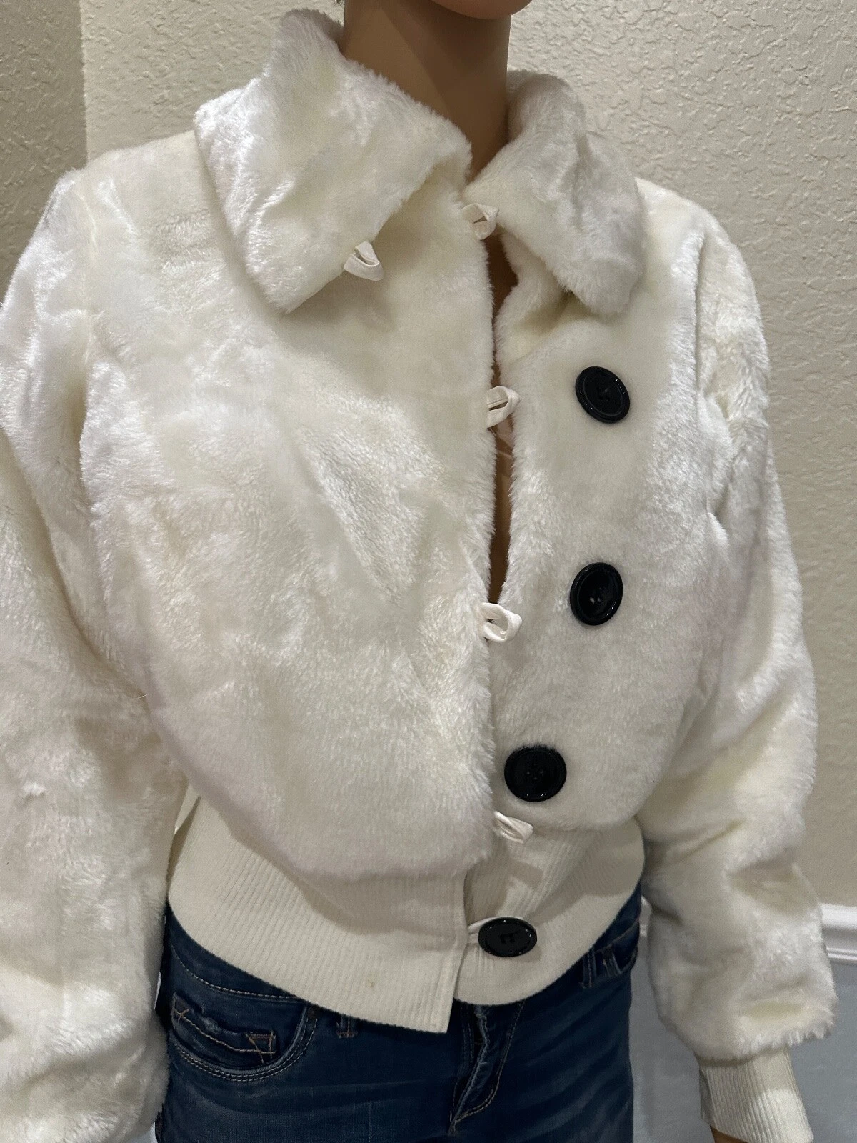 OFF WHITE Cappotto vintage M.K.M bianco sporco avorio elegante pelliccia sintetica lunghezza vita bottoni TG M