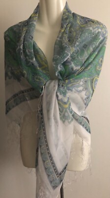 Extra Large Scarf Blue Green Yellow White Paisley Gauze Square w/Fringe NWT