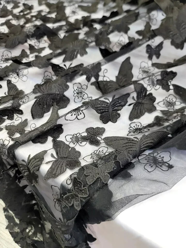 Tejido de Encaje Negro con Mariposas 3D y Bordado, Tela para Vestidos de Noche