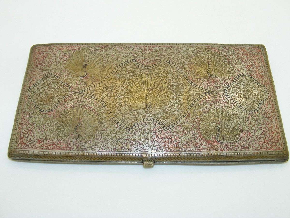 alpacca silver cigarette case Vintage Trench Art Cigarette Case Peacock Alpaca Silver Case 1940s Enamel