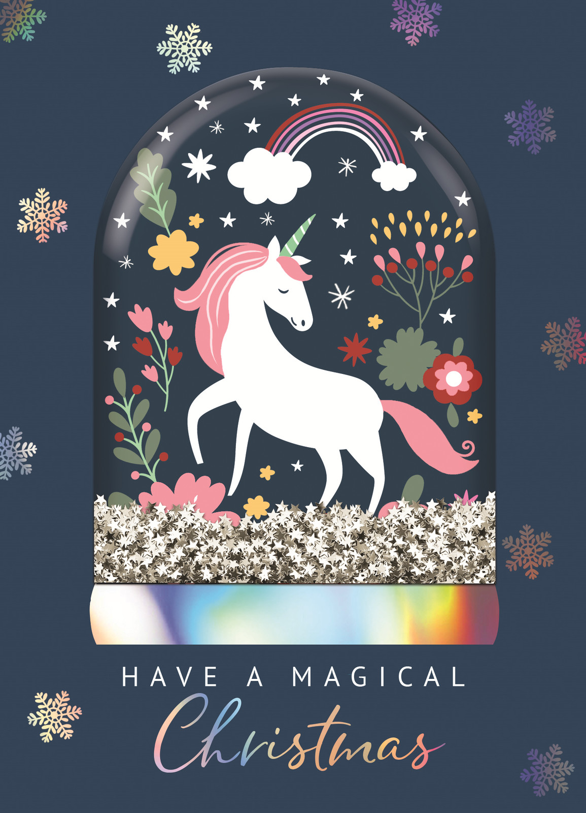 Hand-Finished Unicorn Snow Globe Embellished Christmas Greeting Card Xmas Cards