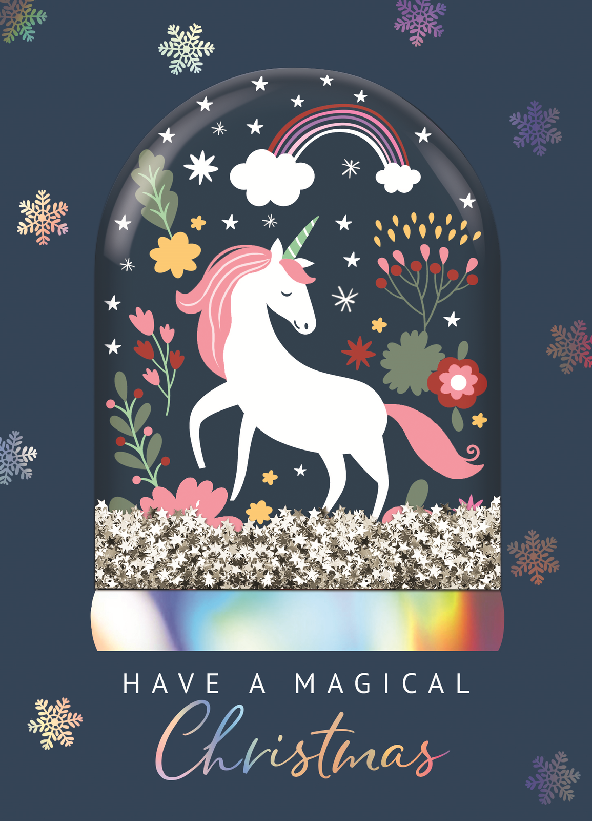 Hand-Finished Unicorn Snow Globe Embellished Christmas Greeting Card Xmas Cards