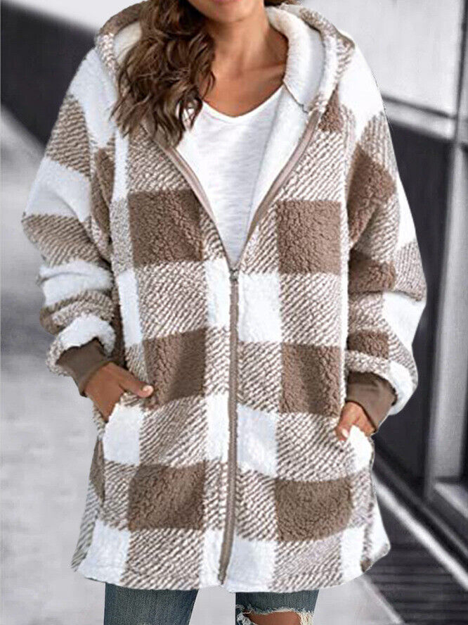 Plus Size Women Teddy Bear Fleece Fluffy Check Coat Hoodie Jacket