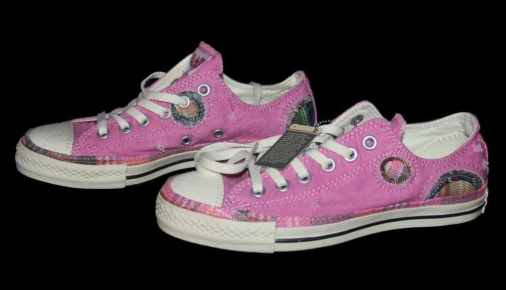 Scarpe Converse rosa lilla plaid patch tela invecchiata OX Wm's 7 nuove con etichette disco HTF