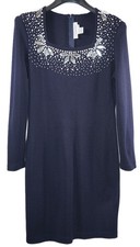 Vintage Outlander Womens Beaded Woollen Shoulder Pad Sleeve Navy Blue Dress Sz-M