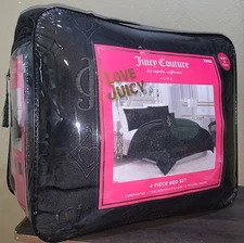 Juicy Couture Black Plush Crowns,Monograms,Hearts Embossed 4p KING Comforter Set