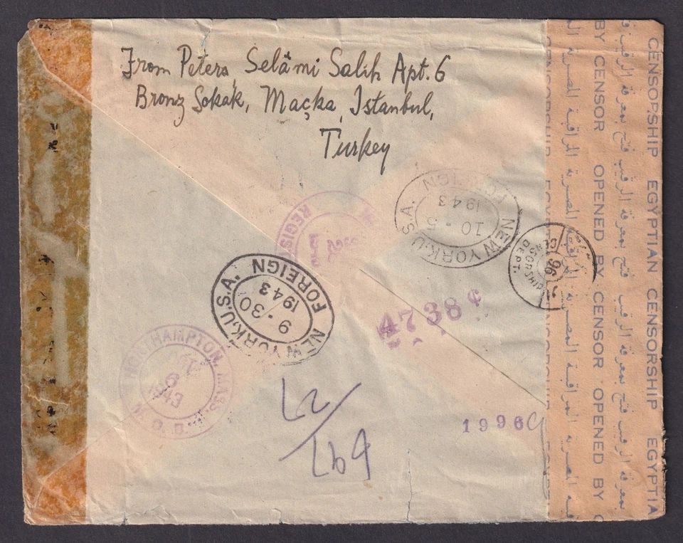 TURQUÍA 1943 Correo Aéreo Registrado Cubierta a EE. UU. Egipto Censor Prof Argelander Rose Foto 3 de 3