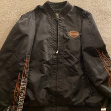 Harley Davidson Men's Black Nylon Flame Bomber Jacket Tall Large