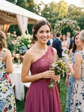 davids bridal one shoulder Lace and Chiffon Cocktail Dress Size 6 Rose Red