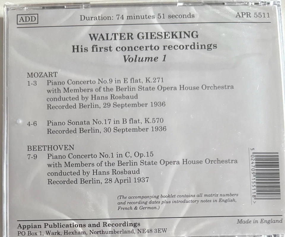 WALTER GIESEKING - His First Concerto Recordings CD BRAND NEW! APR - Image 2 of 2