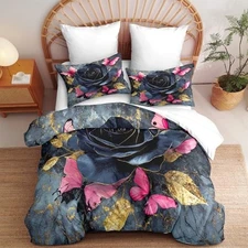 Black Rose Comforter Set, Soft Pink Butterfly Spring Lightweight King Zzm5000