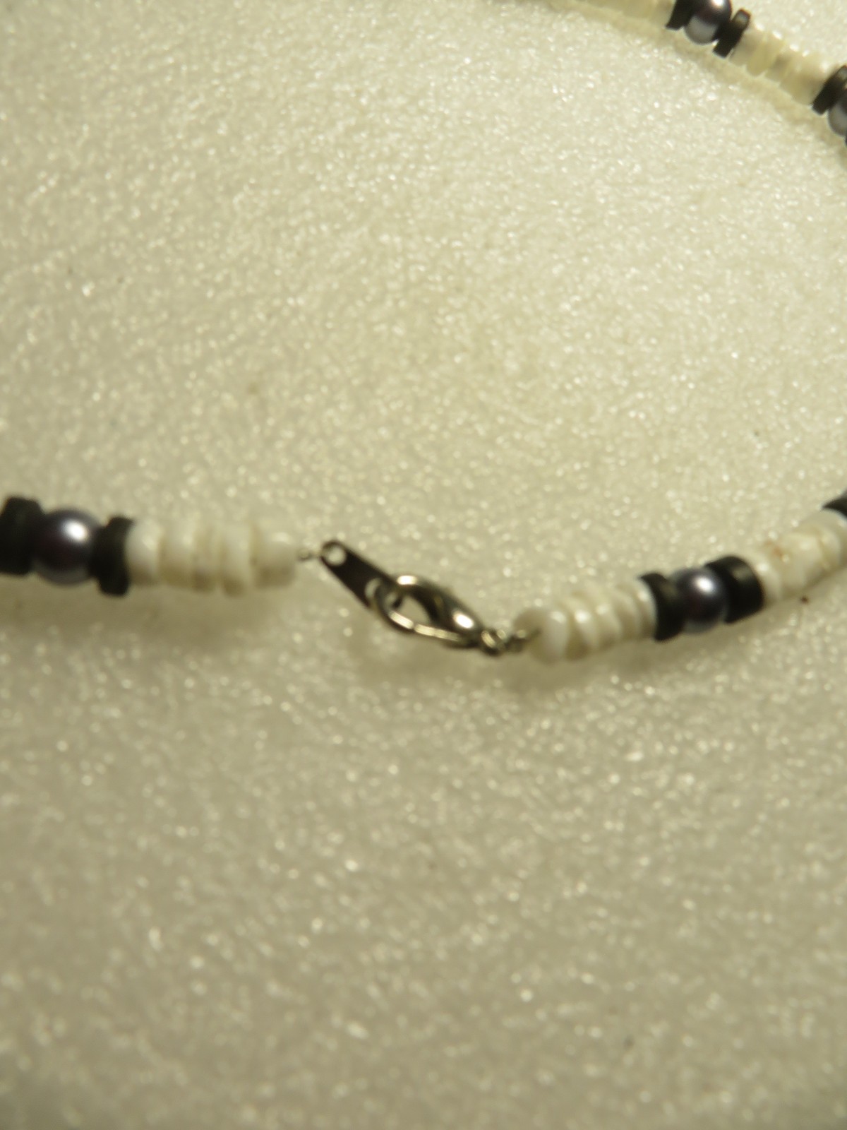 Vintage Pukka Shell, Black Pearls Beaded Necklace With Dinosaur Shark Tooth 16"