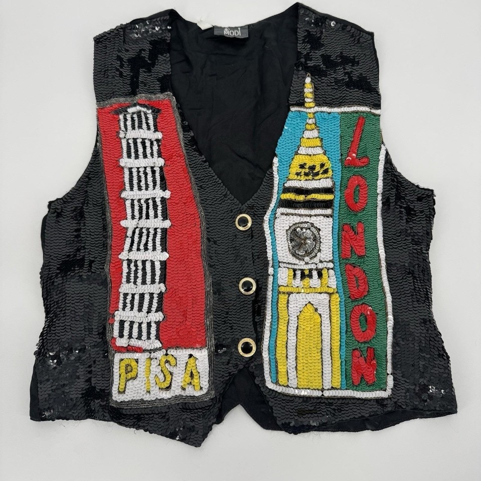 A sequin-and-bead novelty vest plastered with London landmarks — wearable 80s/90s maximalism that's pure camp fashion gold.