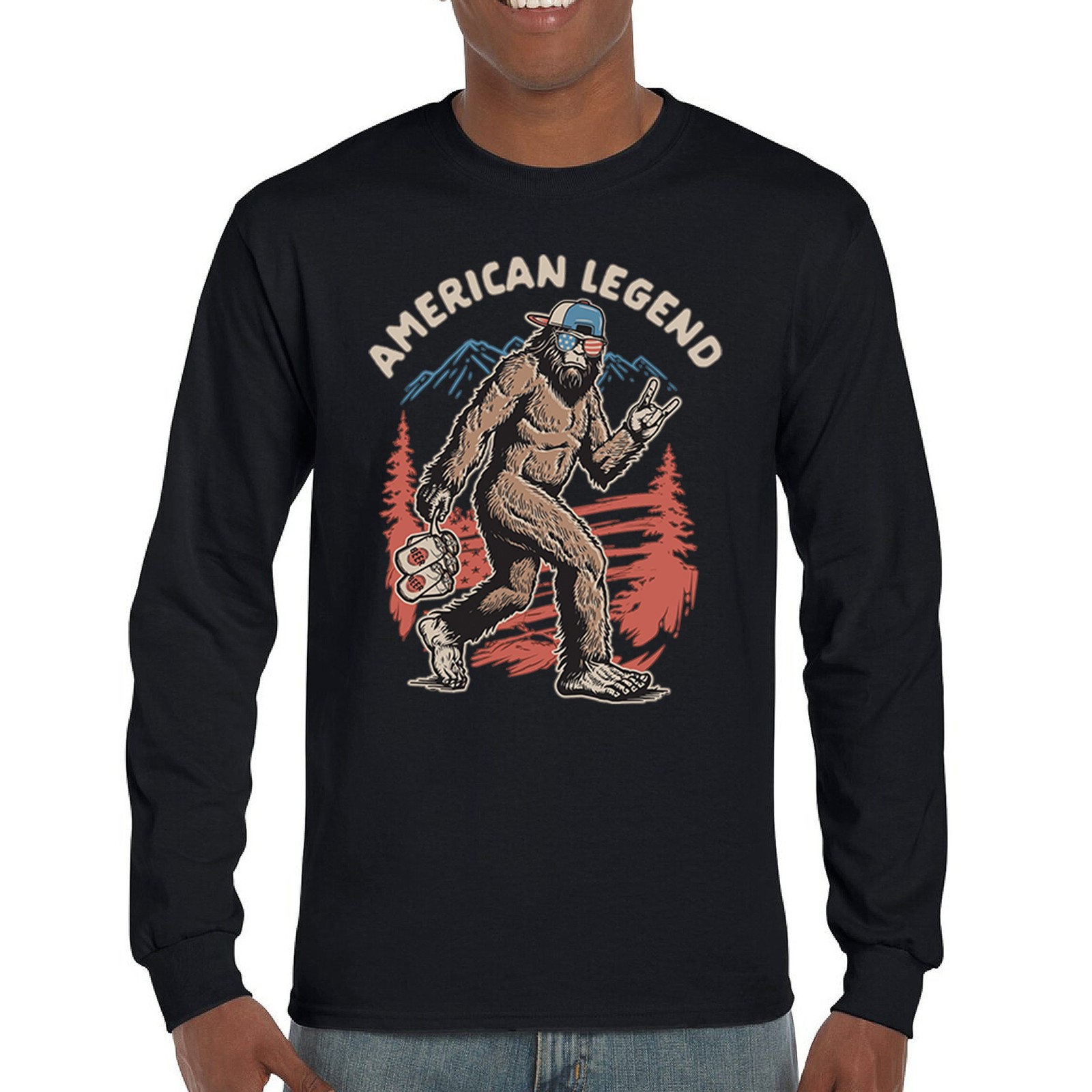 ALTRA T shirt manica lunga American Legend Bigfoot Patriot divertente tifoso Sasquatch 4 luglio