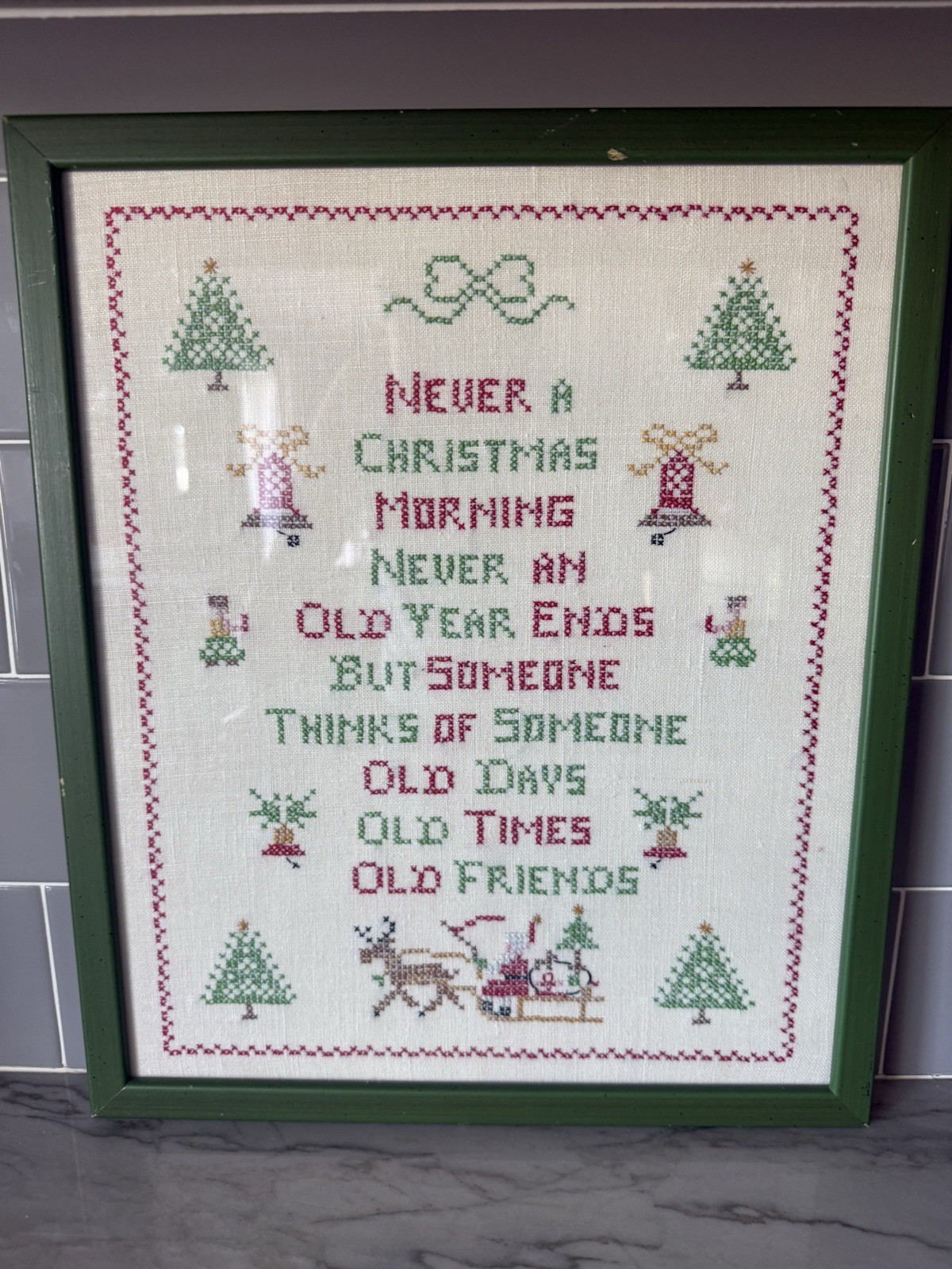 Vintage Framed Needlework Christmas Cross Stitch Sampler Poem Saying