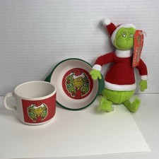 Dr Seuss The Grinch 2 Pc Bioworld Mealtime Bowl & Cup + Hallmark Grinch Plush