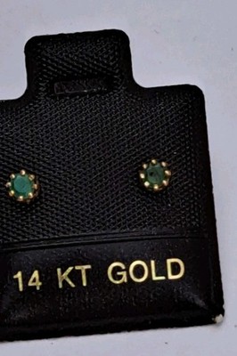 Baby Earrings 14kt Yellow Gold Pierced Emerald Round Stones
