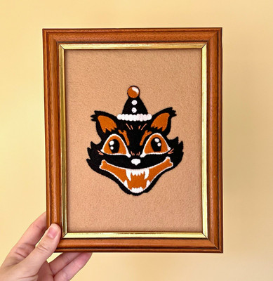 Original Filz Wandbild Retro Halloween Stil schwarze Katze gruselig im Vintage Rahmen 