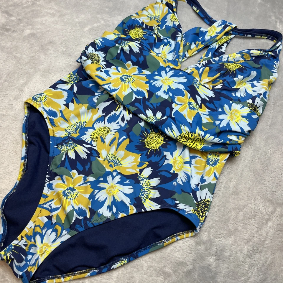 Traje de baño Adore Me Monroe de una pieza para mujer 1X azul amarillo floral hundido cuello en V Foto 2 de 4