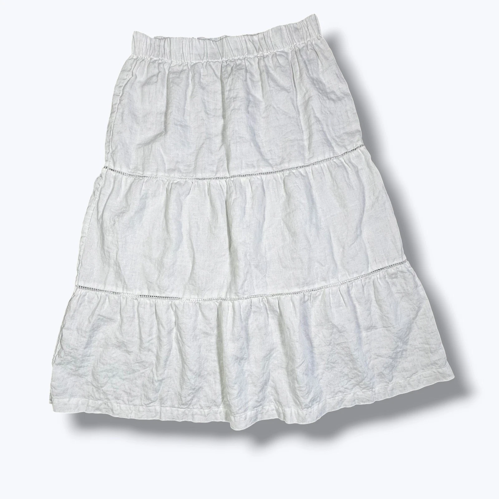 Saks Fifth Avenue 100% Linen Tiered Skirt M White Resort Summer Boho Vacation