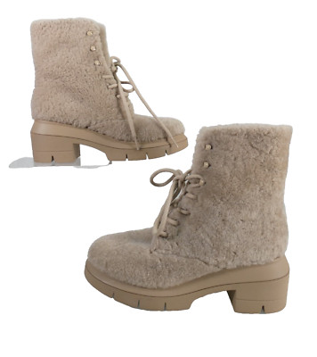 Stuart Weitzman Stiefel Nisha Chill Shearling Combat UK 5 beige flauschig Blockabsatz