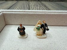 Vintage Mini Bride Groom Wedding Cake Toppers With Minister Figurine Set .75"