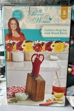 The Pioneer Woman Red 5 Piece Cutlery Prep Set with Wood Block NIB