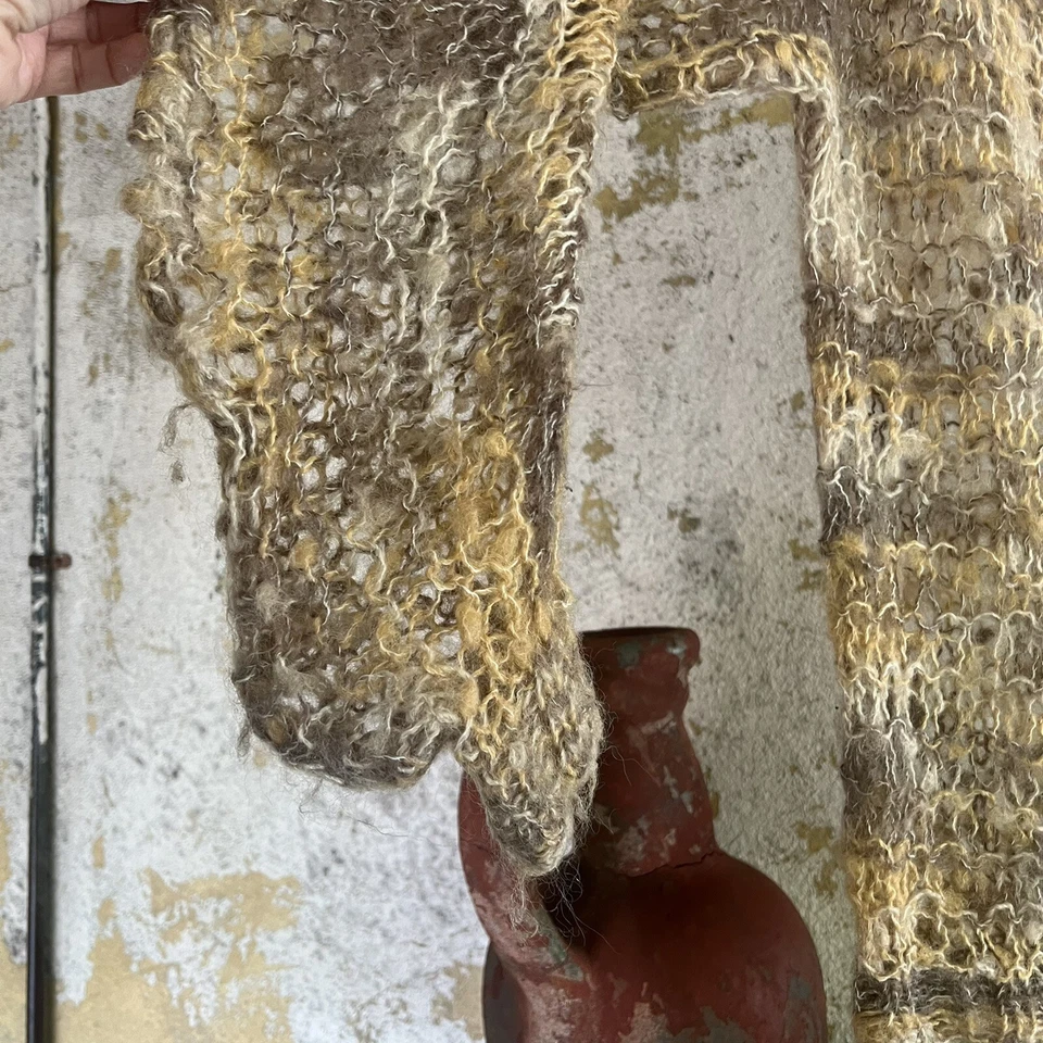 Suéter Mohair Vintage Años 40 Años 50 Tejido Ancho Lana Arena Crema y Marrón Rayas Foto 4 de 4