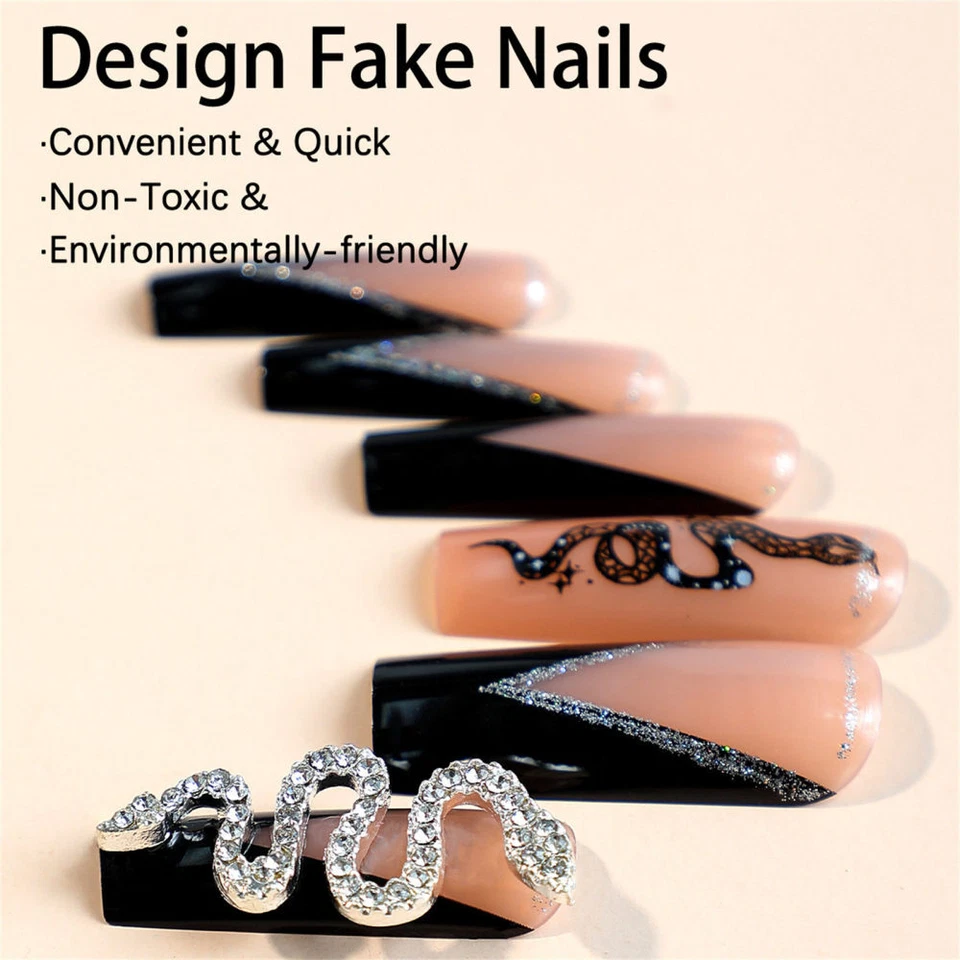 3D Snake Fake Nail Long Square Rhinestone False Nail Black Edge French Tips - Image 3 of 4