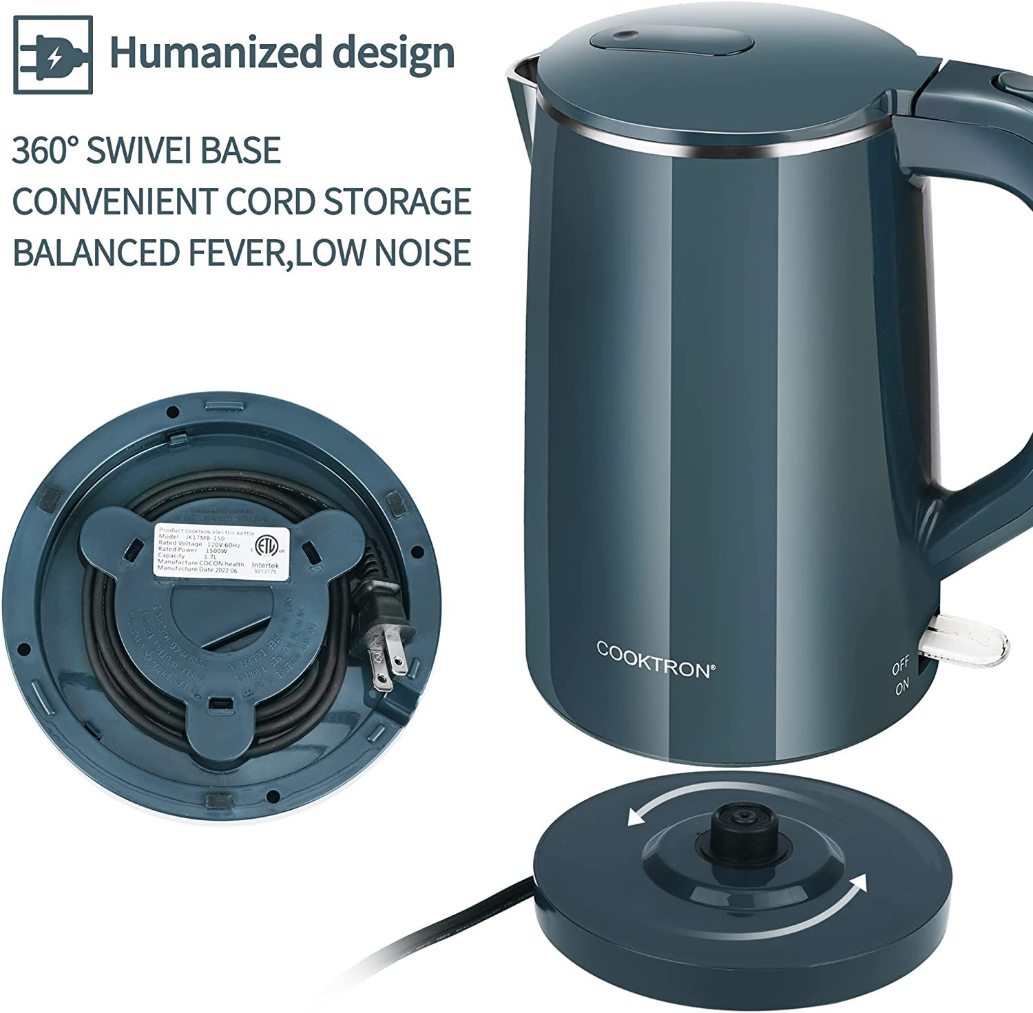 COOKTRON 1.7L Quiet Electric Kettle Double Wall Hot Water Boiler BPA