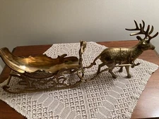 Midcentury Heavy Brass Reindeer And Sleigh 22" long Christmas centerpiece decor