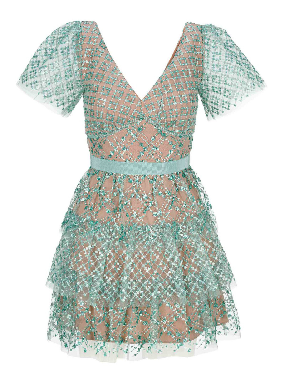 NWT Self Portrait Grid Sequin Tiered Mini Dress in Sage, Size 14 UK, 10 US image 2
