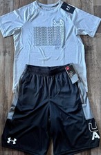 NWT Under Armour Boys YLG Black/Gray/White BIG LOGO Shorts Set Large
