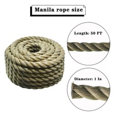 PP 1" 50' Manila Rope 3 Strand Twisted Rope Arborist Bull Rope Rope