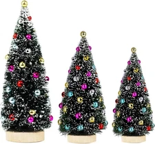 3 Pack Artificial Mini Tabletop Christmas Trees Tiny Frosted Bottle Brush Trees 