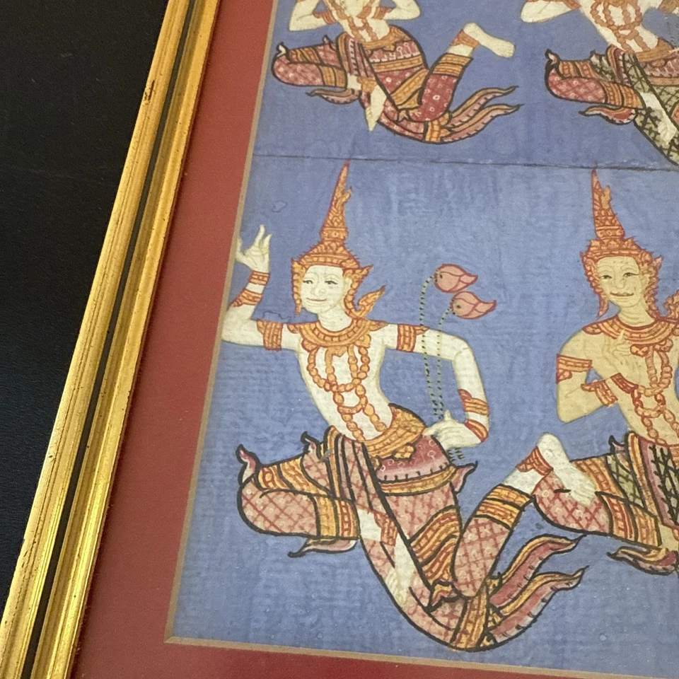Pintura Sobre Seda Dios Guerrero Tailandés De Colección Arte Original Enmarcado 9.5x14 Estate Foto 2 de 4