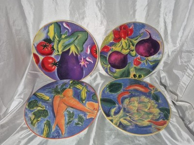 Vtg. Linda Montgomery Cert Int Provence (4) Colorful Veggie Dinner Plates 11''