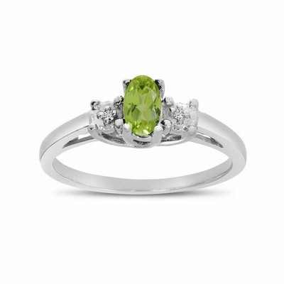 14k White Gold Plated Green Peridot Oval Gemstone And Diamond Ring E673