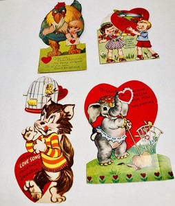 4 Antique Die Cut Valentine Cards Pull Down Pop Out 3D USA Mechanical 1900s Move