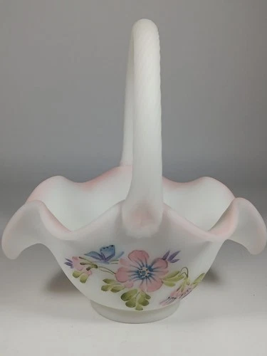 Vintage Fenton Light Pink Satin Glass Basket Hand Painted Signed & Numbered