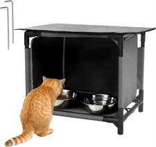 Waterproof Outdoor Cat House Feeding Station Shelter Grey Weatherproof Feral Cat
